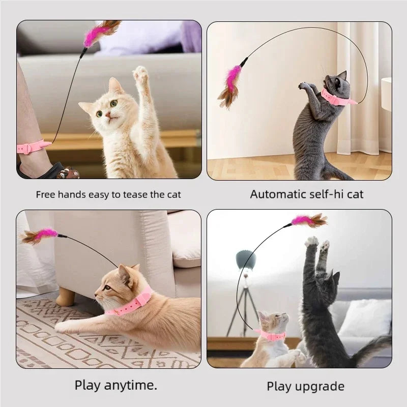 Hands-Free Cat Collar Toy | Self-Playing Feather Teaser Wand for Indoor Cats