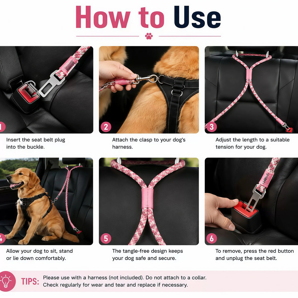 Adjustable Dog Car Safety Tether with 360° Swivel Clip