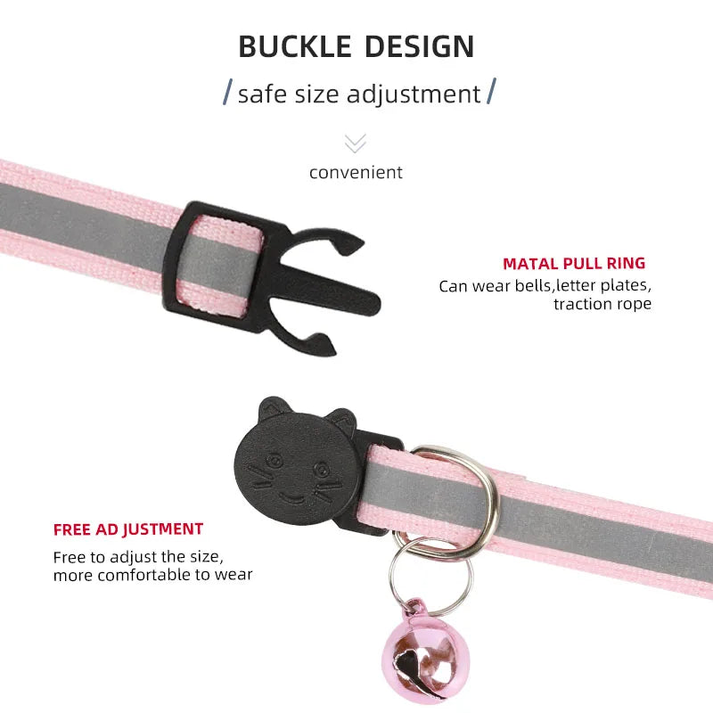 ROJECO Reflective Cat Collar with Bell — Adjustable Safety Breakaway Necklace for Cats & Kittens