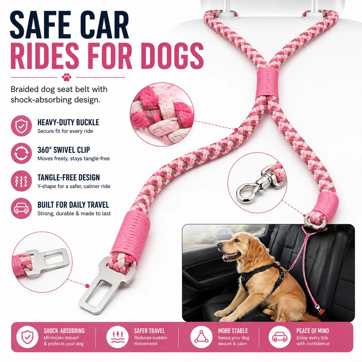 Adjustable Dog Car Safety Tether with 360° Swivel Clip